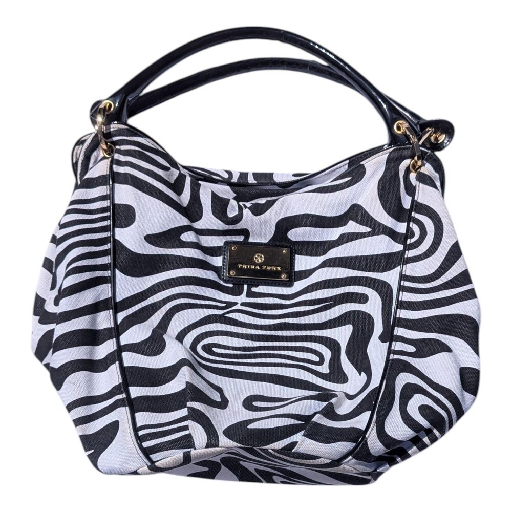 Trina Turk Vintage Zebra Hobo Bag Canvas Black White Shoulder Purse Abstract